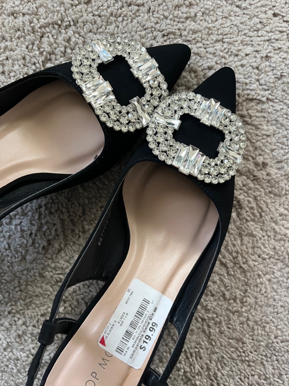 TOP Moda Black Pointed Slingback Kitten Heels with Crystal Buckle - Picture 2 of 13